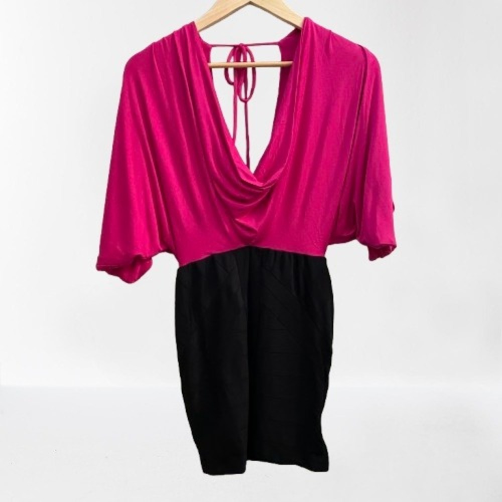 NEW Sky Draped Cowl Neck Bandage Mini Dress Hot Pink Black Colorblock Medium
